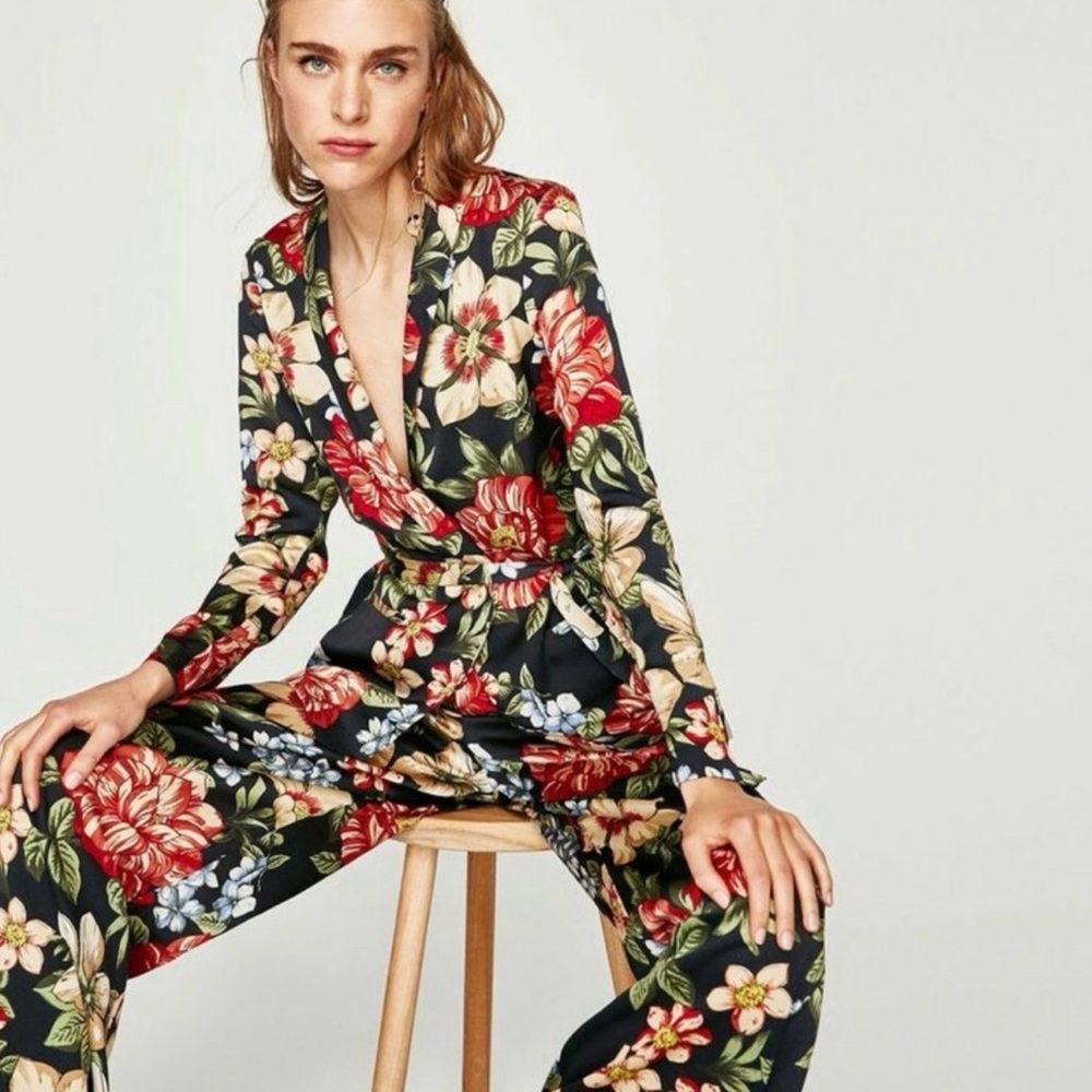 Zara Black Floral Wrap Jumpsuit with Red & Cream Blooms